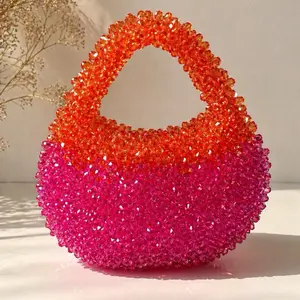 Pink Orange Beaded Crystal Handbag, Handmade Evening Purse, Luxury Statement Bag, Cute Shoulder Bag for Women, Gift for Her
