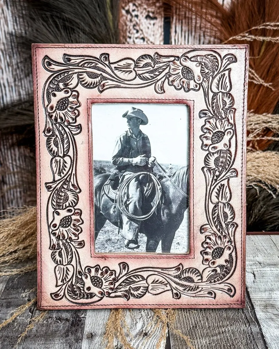 Tooled Leather Photo Frame with Wood & Floral Details by Myra Bag, Home Decor "This Moment in Time" Accent