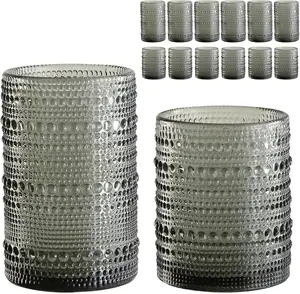 Glassware Drinking Glasses Set of 12,Grey 12oz & 15oz Hobnail Glass Cups,Embossed Water Tumbler,for ,,,Juice and Various Mixed Drinks- 1 Cleaning Brush