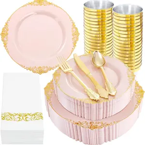 145-Piece & Gold Plastic Dinnerware Set, Includes Plates, Dessert Plates, Cutlery, Napkins, Cups for Weddings, Parties, Festivals, Elegant Plastic Plates