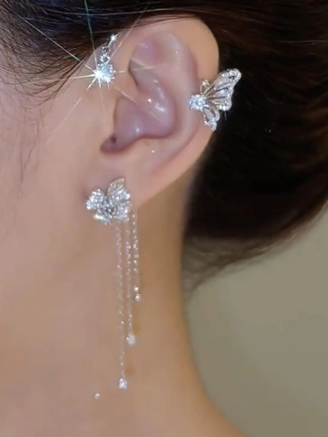 Women's Elegant Rhinestone Butterfly Design Ear Wrap (2pcs/set), Exquisite Trendy Tassel Earrings, Dangle Earrings Set, Fashionable Y2K Jewelry for Party & Daily Clothing & Wedding Bride Decoration, Trendy Fashionable Accessories