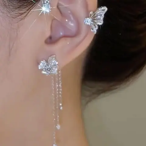 Women's Elegant Rhinestone Butterfly Design Ear Wrap (2pcs/set), Exquisite Trendy Tassel Earrings, Dangle Earrings Set, Fashionable Y2K Jewelry for Party & Daily Clothing & Wedding Bride Decoration, Trendy Fashionable Accessories
