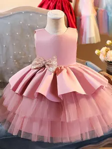 Toddler Girl's Solid Big Bow Decor Tulle Dress, Elegant Romantic A Line Tutu Dress for Party Show Wear, Kids Clothes for All Seasons