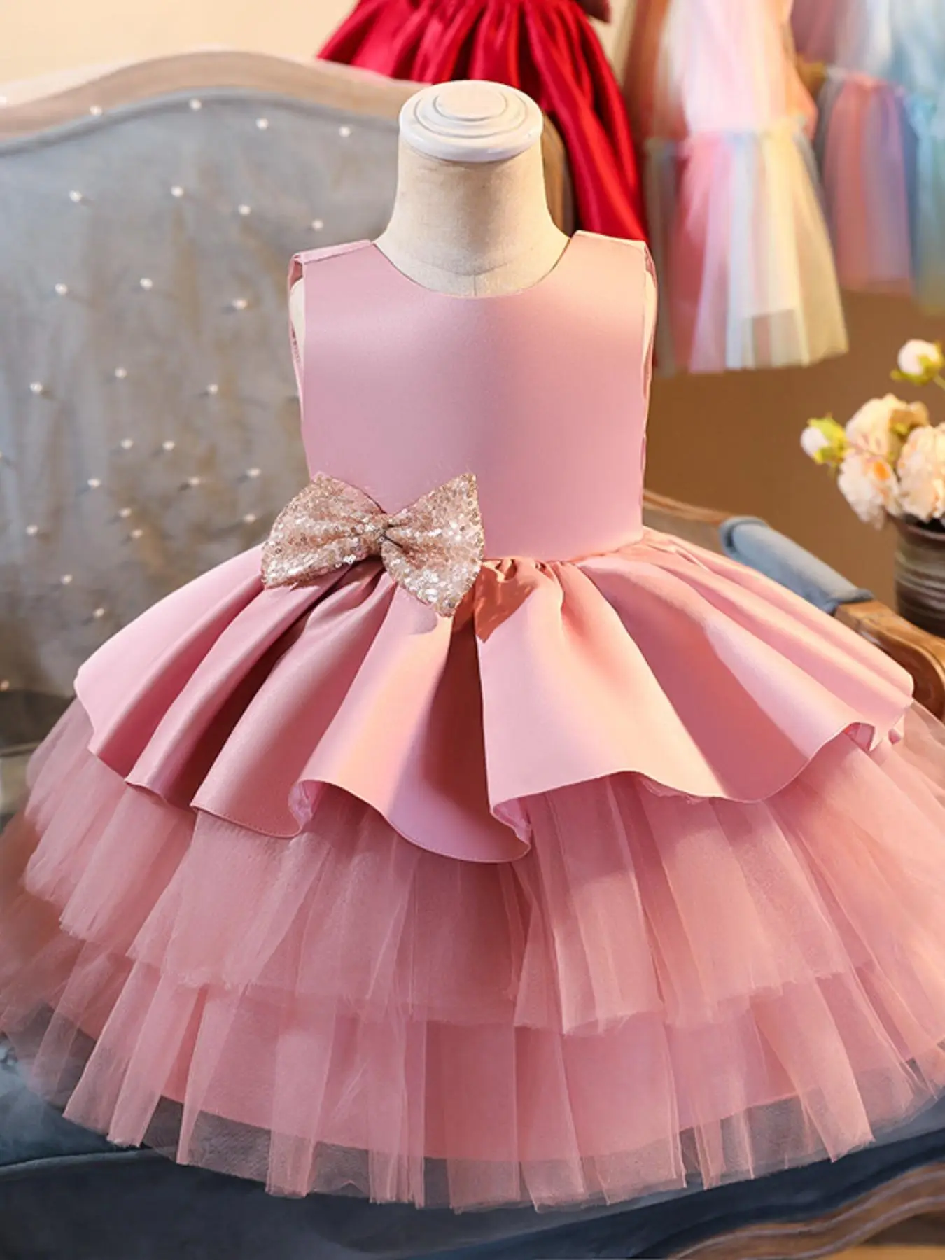 Toddler Girl's Solid Big Bow Decor Tulle Dress, Elegant Romantic A Line Tutu Dress for Party Show Wear, Kids Clothes for All Seasons