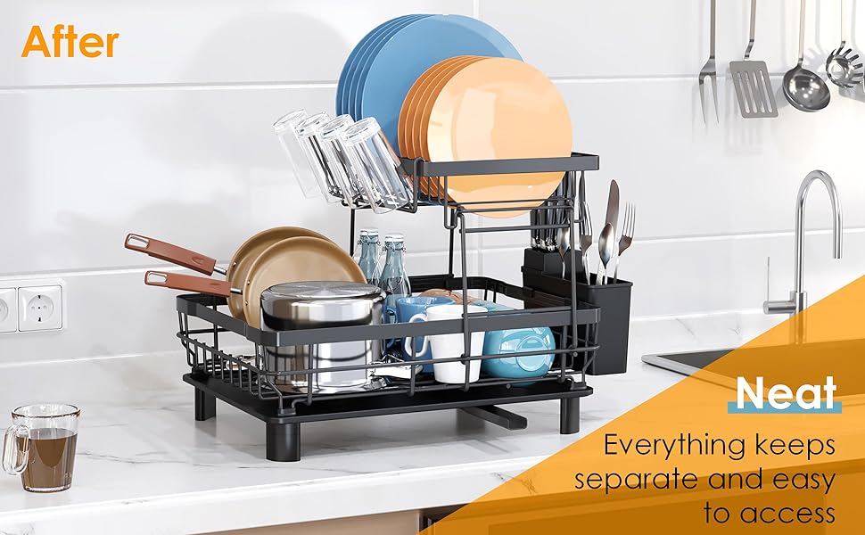 2 Tier Dish Drying Rack for Kitchen Counter Metal Dish Racks Drainers with Knife Cup Utensil Holder