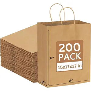Jet Paper Bags - Large 15”x11”x17” Brown Bags for Takeout, Grocery, Weddings, Party, Recyclable Kraft with Handles