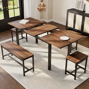 Garvee 5-Piece Dining Table Set for 4-8 People, 63 in Large Extendable Kitchen Table Set with 2 Benches and 2 Square Stools, Modern Dining Room Furniture Sets, Easy Assembly, Espresso