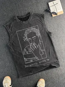 Cotton Vintage Distressed Men's Sleeveless Graphic T-Shirt, Trendy Round Neck Casual Summer Top, Fitted Design for Effortless Style