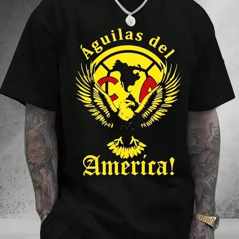 Men's 100% Cotton Retro Eagle High-Definition Emblem Crew Neck T-Shirt - Short-Sleeve, Breathable, Loose-Fitting, Geometric FYP-Ready Graphic, Soccer Fashion Fabric, Club America Aguilas Summer Streetwear Top, Fan Gift