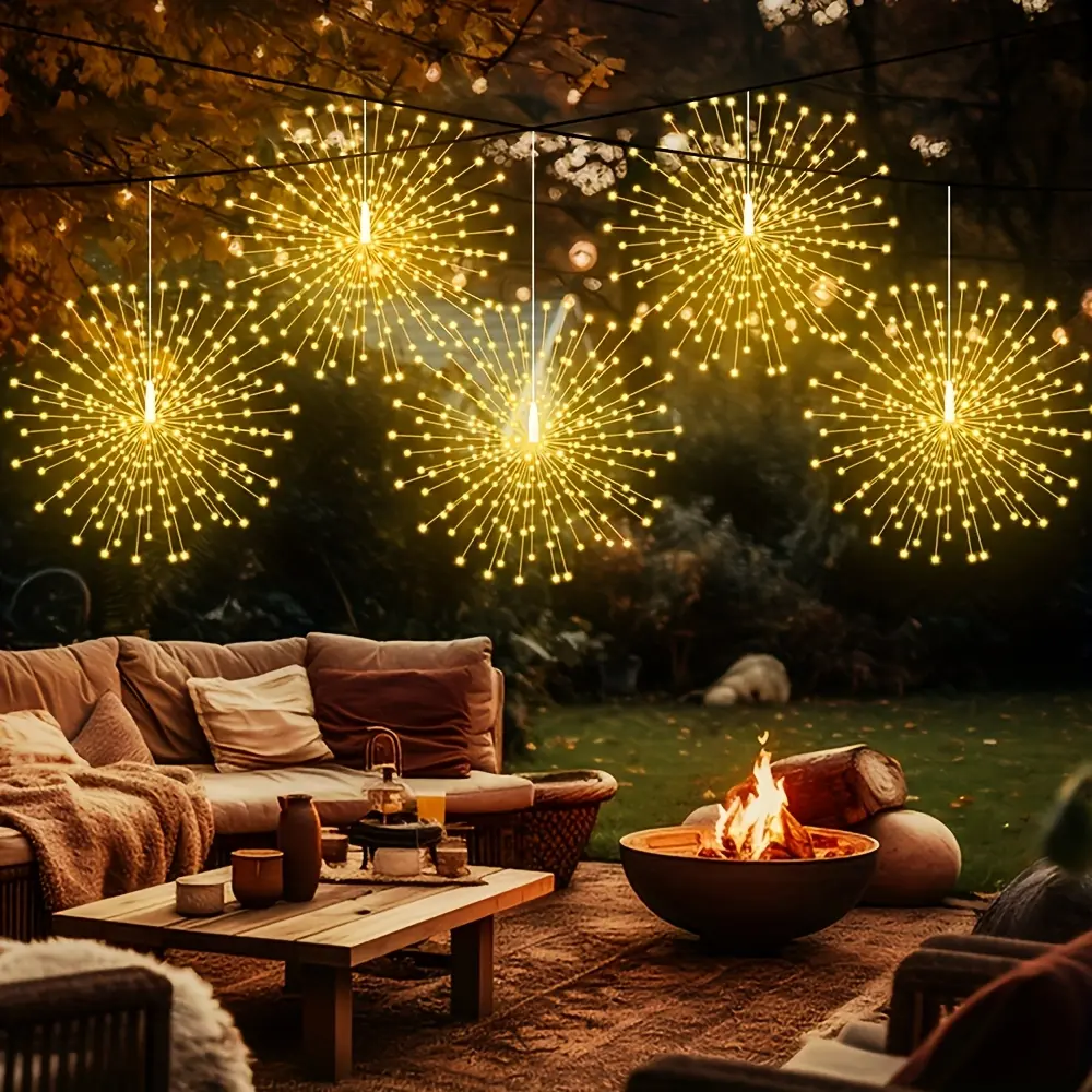 Pack of 5 hanging solar outdoor fireworks lights, 90-LED sparkling starburst ball-shaped lamps, IP65 waterproof, warm white light, 8-mode copper wire string lights, suitable for courtyards, parasols, eaves, gardens, trees, tents, and decoration.