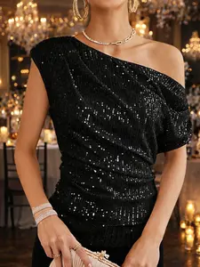 Women One Shoulder Sequin Top Asymmetrical Neck Glitter Blouse Slim Fit Ruched Sparkly Party Shirt Elegant Evening Going Out Clubwear Dressy Top Chic Holiday Cocktail Night Out Fashion