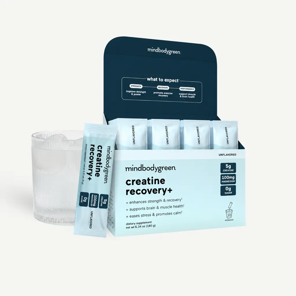 mindbodygreen creatine recovery+, 5g creatine, 100mg magnesium, 0g Sugar for Strength Focus & Renewal