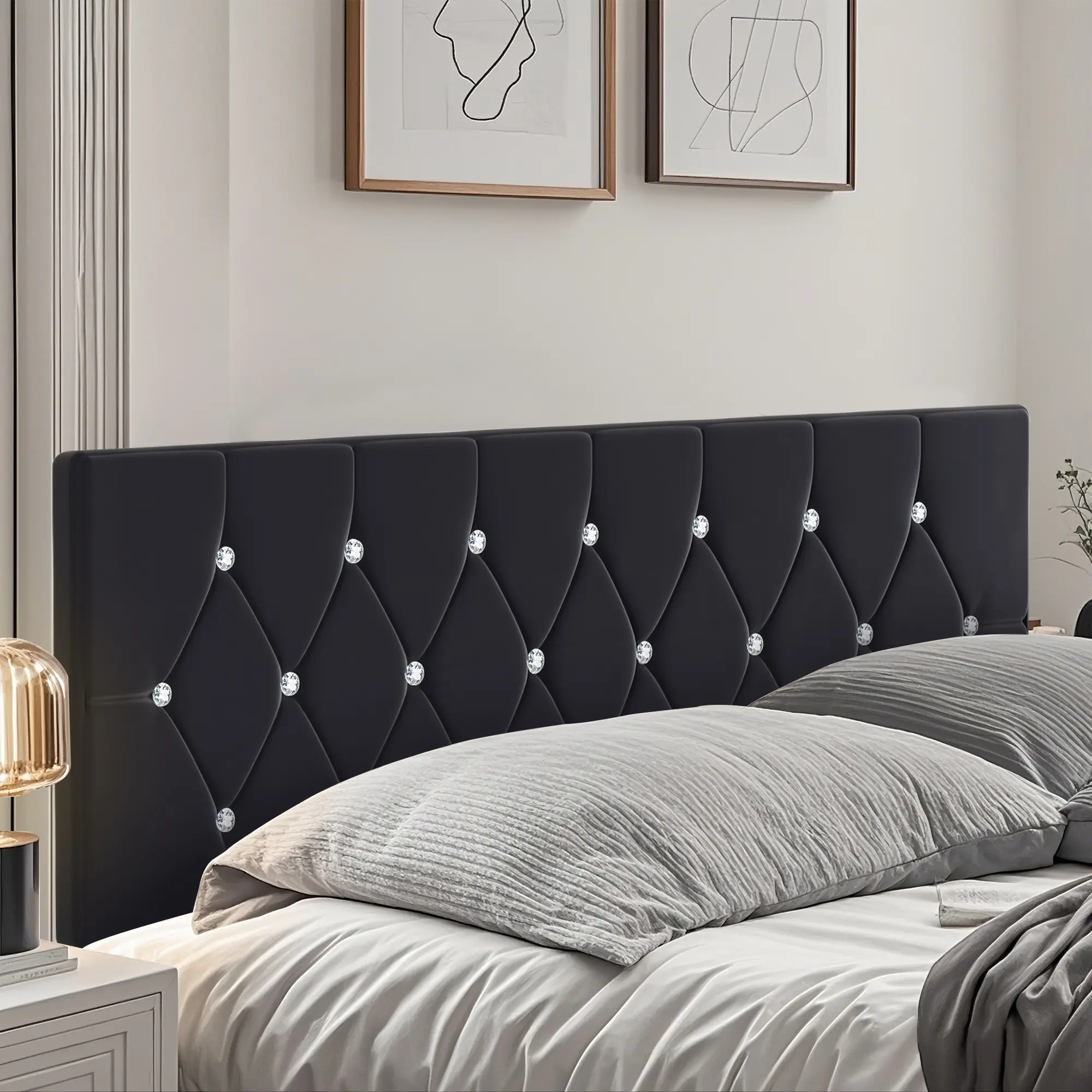VECELO Upholstered Headboard Only Queen Full Size Velvet Diamond  Button Tufted Bed Headboard Sturdy and Durable 6 Adjustable Positions Modern Headboard Only Easy Assembly Black,Beige
