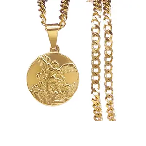 St. Michael Archangel Medallion Necklace, Gold Plated Stainless Steel Cuban Chain Pendant for Men Women, Religious Protection Amulet Jewelry
