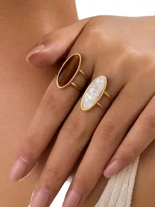 Fashionable Stainless Steel Ring Set, Open Rings with Crystal and Tiger Eye Gemstones, Perfect Gift for Women, Unique Crystals