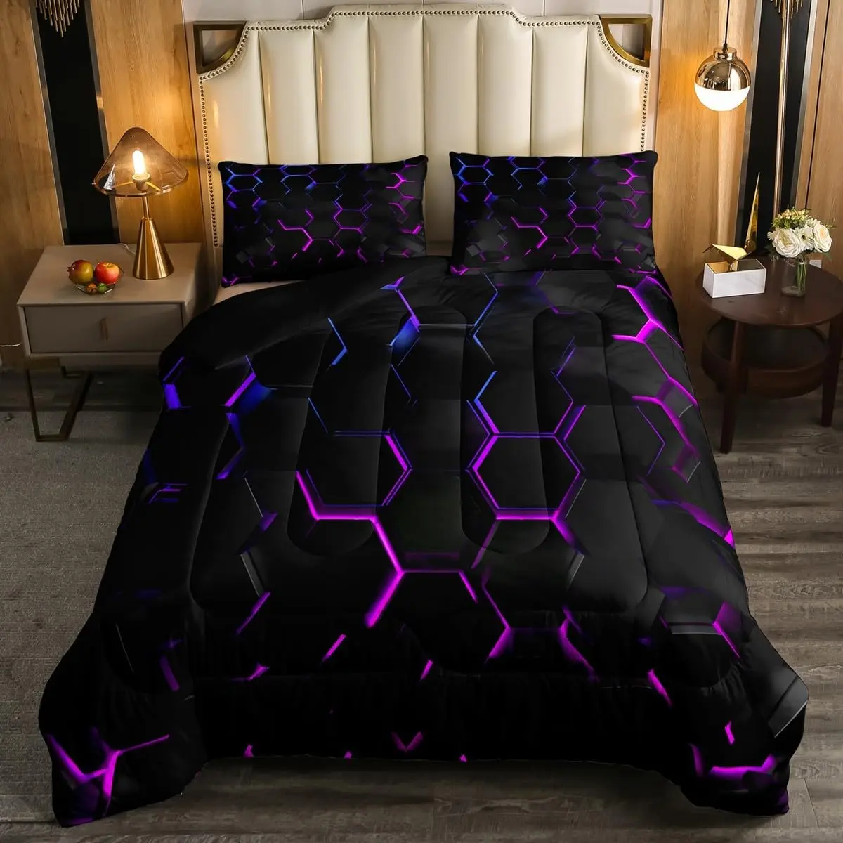 Boys Hexagonal Bedding Set 3D Geometric Honeycomb Black Blue Purple Ombre Beehive Down Comforter Neon Light Geometrical Quilt Soft Breathable Blanket Glow Dark Duvet Twin Full Queen King Sizes, Geometric Pattern Bedding, Microfiber Bedding