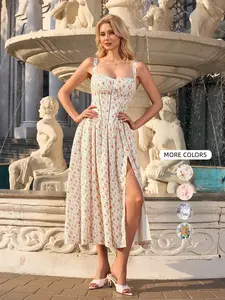 Parthea Backless Floral Print A-Line Dress Womenswear, Adjustable Straps, Slim-Fitting Bohemian Boho Style Casual Wear, Perfect for Spring Summer Vacations