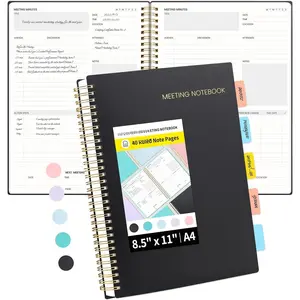 Meeting Notebook for Work with Sticky Tabs - 160 Pages, A4 Size Project Planner, Spiral Meeting Agenda/Minutes Notebook Organizer for Women Men, Note Taking, Office & Business, 8.5"x11", Black