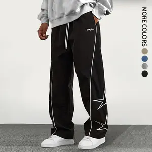 Men's casual pants, lightweight fabric, straight leg, regular length, with pockets and an elastic waistband. The hem features embroidered five-point stars. Comfortable and breathable pockets make these pants perfect for lounging or going for a run. Suitab