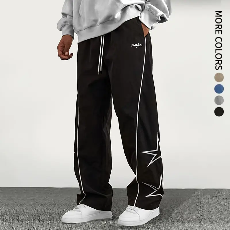 Men's casual pants, lightweight fabric, straight leg, regular length, with pockets and an elastic waistband. The hem features embroidered five-point stars. Comfortable and breathable pockets make these pants perfect for lounging or going for a run. Suitab