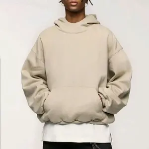 High Level Men's Oversized Cotton Long Sleeve Hooded Neck Sweatshirt - Drop Shoulders, Y2K Front Pocket, Relaxed Fit, Snug Hood, Plain Design - Greige or Black Casual Stylish Pullover Tops