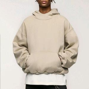 High Level Men's Oversized Cotton Long Sleeve Hooded Neck Sweatshirt - Drop Shoulders, Y2K Front Pocket, Relaxed Fit, Snug Hood, Plain Design - Greige or Black Casual Stylish Pullover Tops
