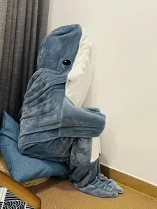 Shark Sleeping Bag Pajamas, Blue Ultra Soft, Portable Home Wear, Loose Fit Long Sleeve, Plain Design with Pockets, Fall & Winter