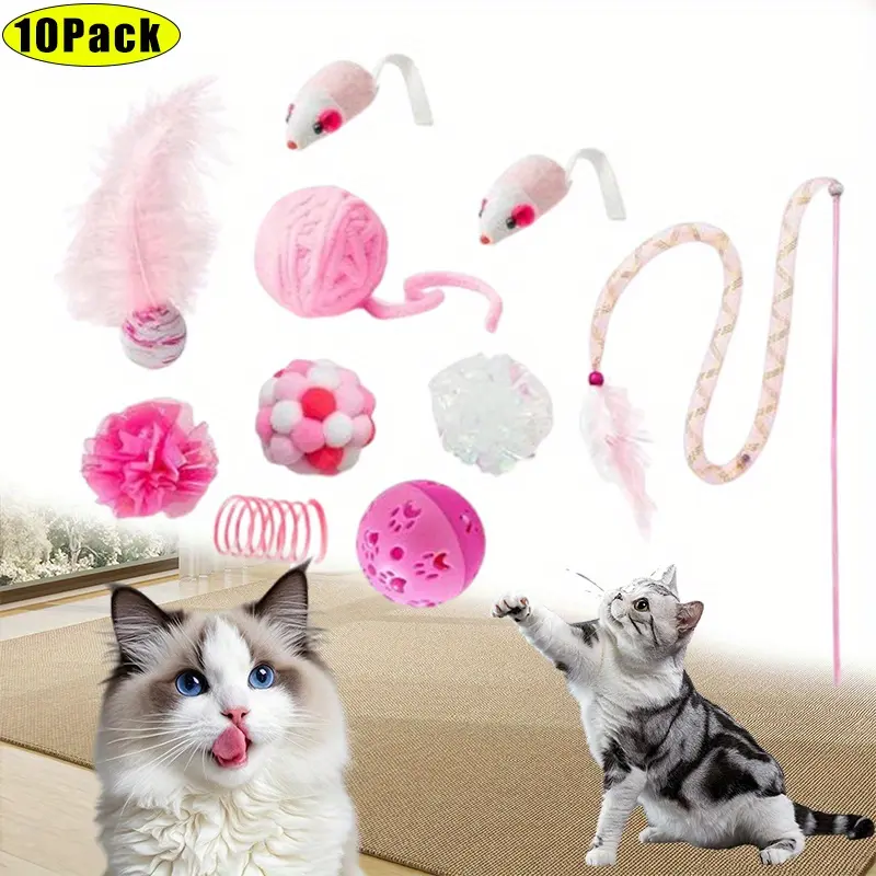10Pcs Cat Toy Set,Interactive Cat Toys,Pack Including Feather Teaser Wand Cat Springs Mice Crinkle Balls and Pet Bell Balls,Puzzle Toys for Indoor Cats Gift (Pink) tools