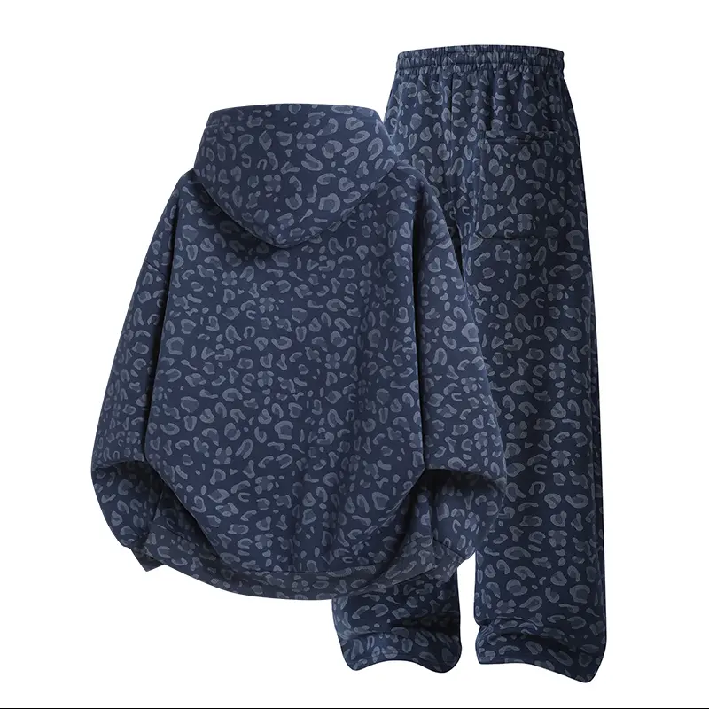 Unisex Cotton 2-Piece All-Over Leopard Print Streetwear Set - Loose-Fit Hoodie & Wide-Leg Pants, Casual Unboxing Gift, Multiple Colors
