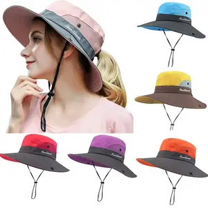 Women's Ponytail Safari Sun Hat Wide Brim UV Protection Outdoor Bucket Hat Sun Hat Ponytail Hole Foldable Beach Summer Fishing Hat Gifts For Women Christmas Gifts For Fishing Lovers