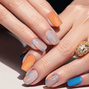 24pcs Blue Color Block Nails, Floral Design Wrap Nail Design Short Square False Nails, Versatile for Beach, Dates, Summer