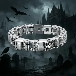Men's 13mm Wide Gothic Skull Motorcycle Chain Bracelet, 8.66" Stainless Steel Biker Punk Jewelry, Fashion Accessory