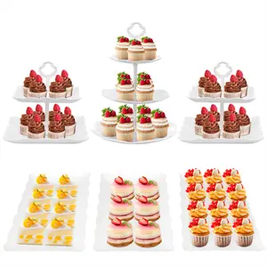 ZUMELER White Plastic 6Pcs Cupcake Stand Set with 3Tier & 2Tier Design for Kitchen Use, Ideal for Weddings, Baby Showers, and Tea Party Organizers Round Rectangle