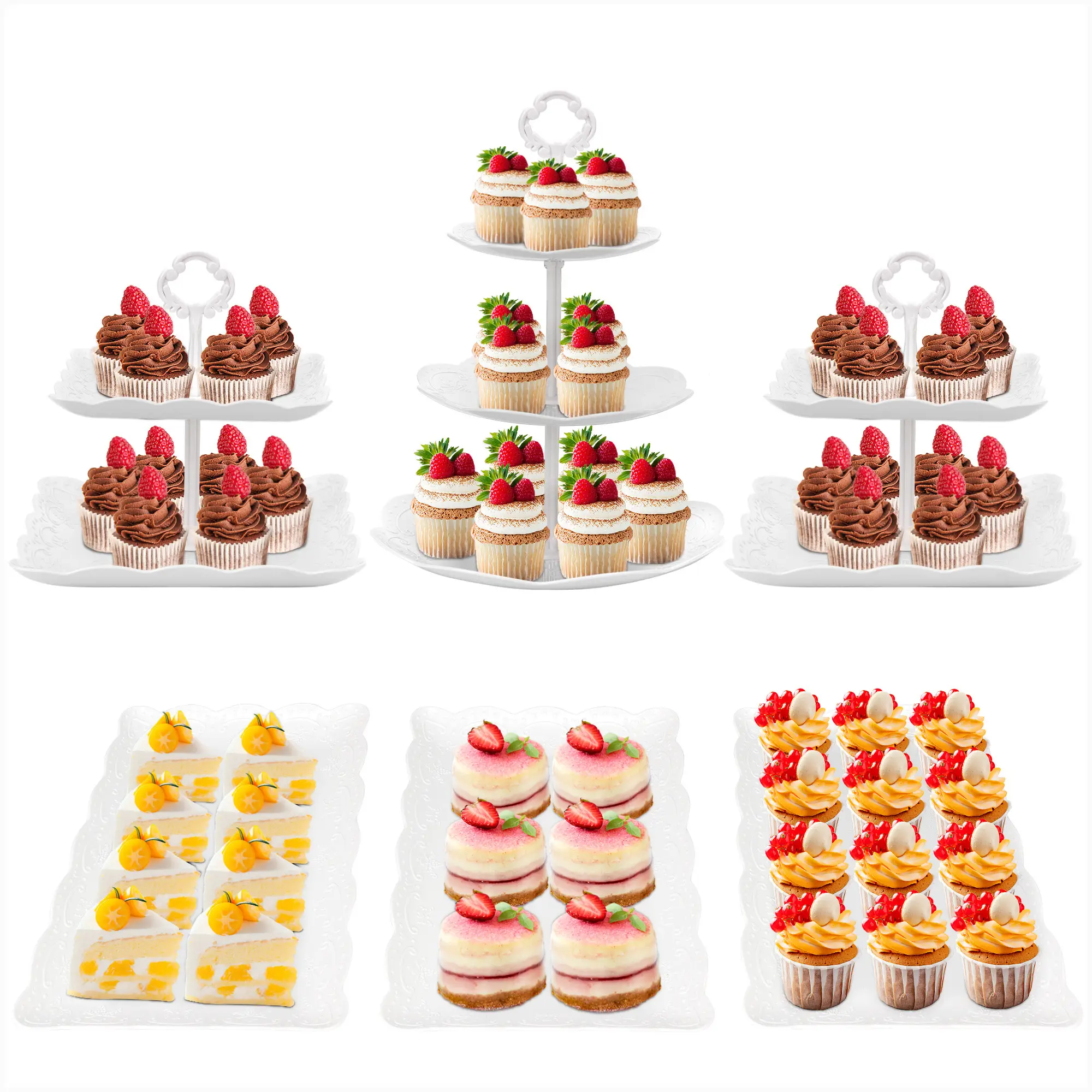 ZUMELER White Plastic 6Pcs Cupcake Stand Set with 3Tier & 2Tier Design for Kitchen Use, Ideal for Weddings, Baby Showers, and Tea Party Organizers Rou