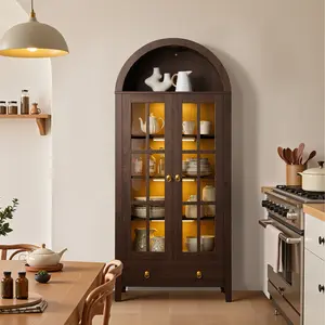XIZZI 71" Tall Arched Kitchen Pantry with Glass Doors, Rechargeable Magnetic LED Lights & Motion Sensor, Versatile Cupboard with 4-Tier Shelf, Storage Lockers, Large Cabinet for Kitchen, Living Room, Home Office