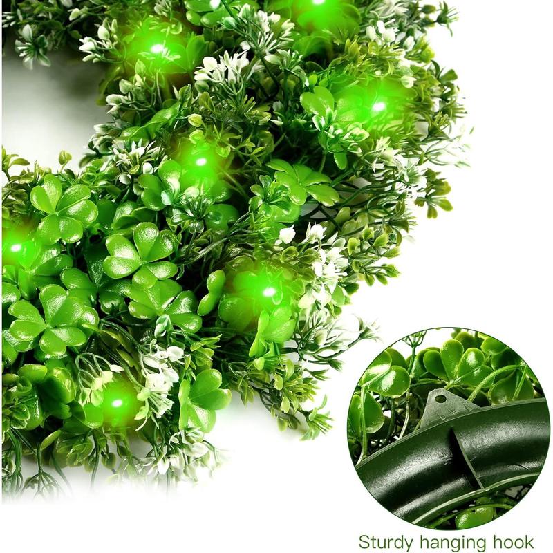 St. Patrick's Day 17.7’’ Shamrocks Wreath with 30 Green Lights Artificial Greenery Clover Wreath for Wall, Window, and Indoor Home Decor Ornaments Decoration Deer