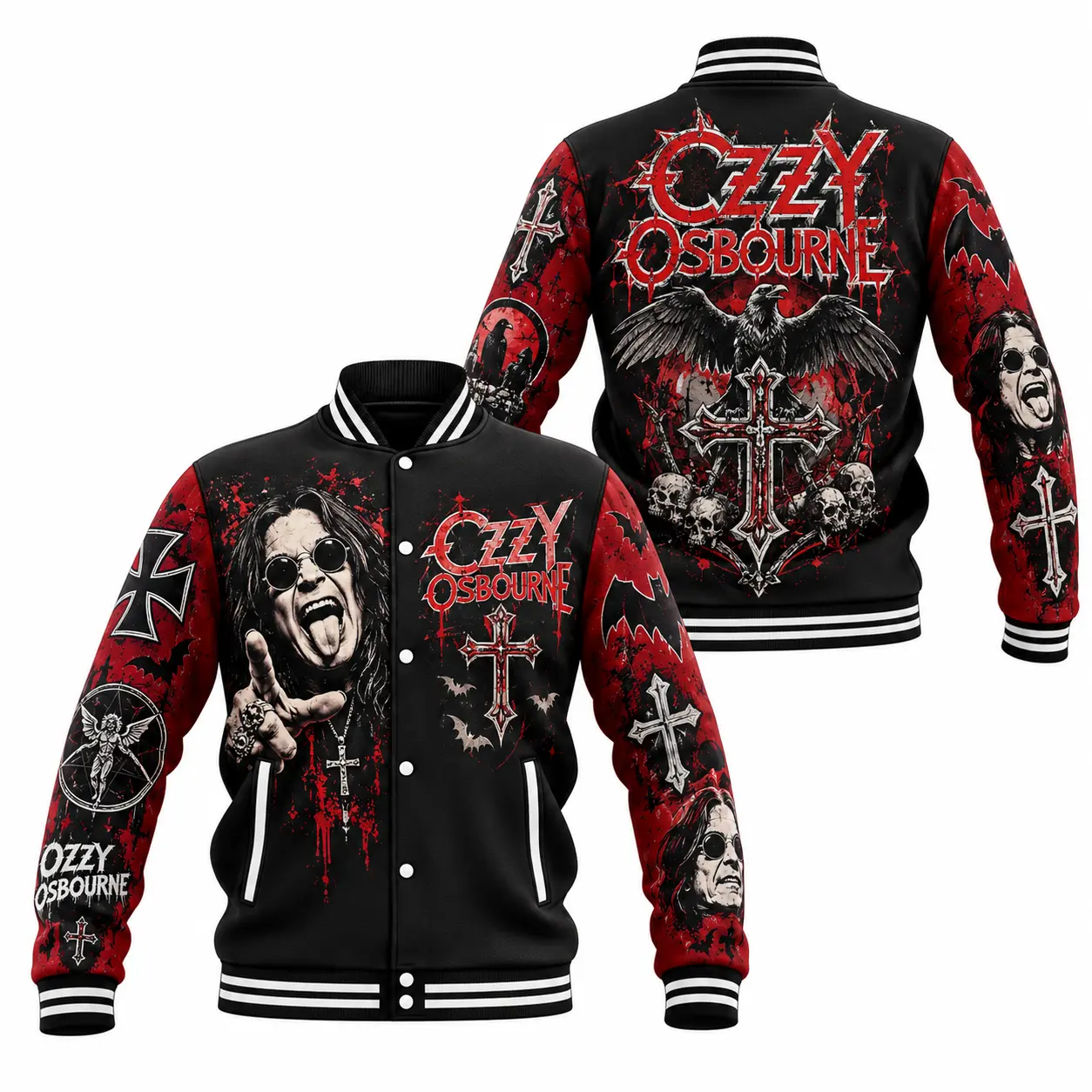 Ozzy Osbourne Symbol Baseball Jacket LN, Heavy Metal Rock Graphic Polyester Outerwear, Gothic Concert Streetwear