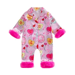 Infant Baby Girl Valentine's Pajamas Romper Cute Heart Print Button Down Lapel V Neck Fuzzy Long Sleeve Sleepwear Spring 0-18 Months