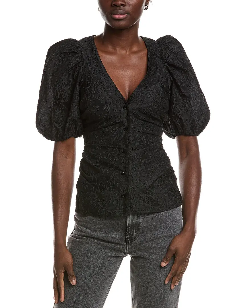 GANNI Jacquard Organza Gathered V-Neck Blouse