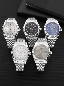 RICECGO Business Men's Quartz Stainless Steel Watch Silver dial with diamond accents and date display Textured bezel Ideal for professional negotiations and commuting Premium aesthetic for sophisticated styling Fashionable Wristwatch