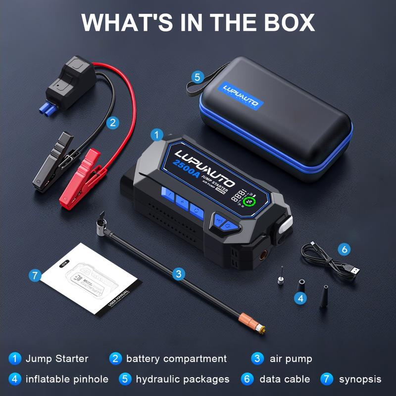 LUPUAUTO 2500A Portable Wireless Air Compressor Jump Starter with Digital Tire Inflator 150PSI Battery Pack USB Input Output LED Emergency Accessories Tools