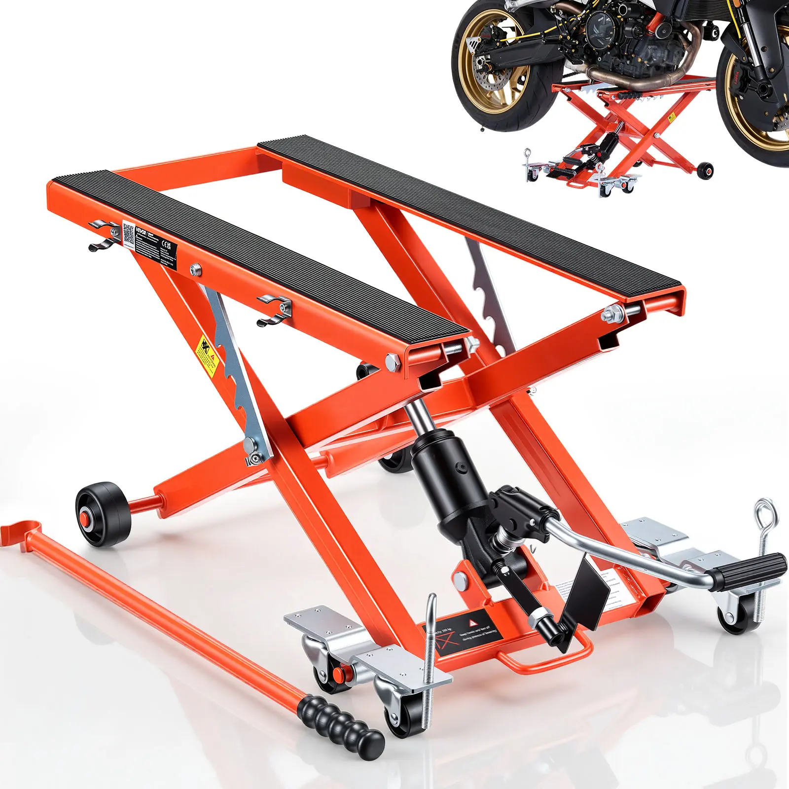 VEVOR Hydraulic Motorcycle Lift Jack, 1100 lbs Steel Car Repair Tools with Hydraulic Pump, 6-Wheel Stability Portable Hoist Stand, Adjustable Height 4.72"-15.15", Foot-Operated for Dirt Bikes, Easy Lowering & Extended Non-Slip Platform