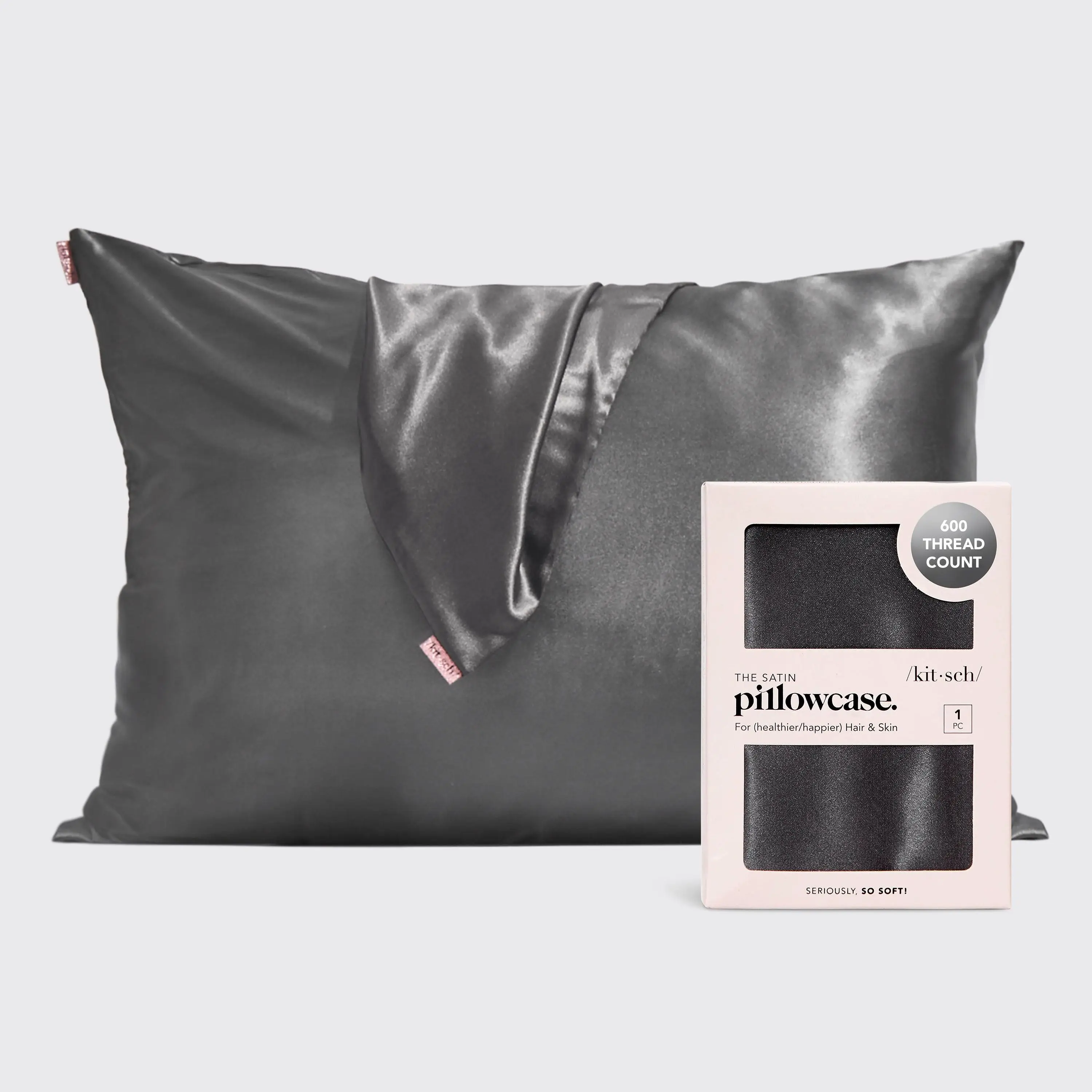 Kitsch Satin Pillowcase with Zipper for Hair & Skin, Softer Than Silk, Queen Pillow Cases, Wrinkle-Free Pillow Covers, Standard Size 19"x26", Charcoal