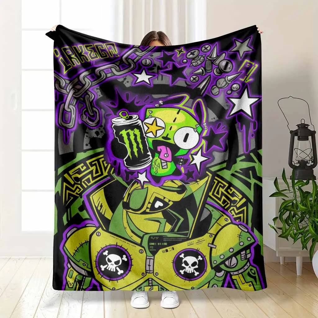 Neon Green Cyberpunk Robot Flannel Throw Blanket - Energy Can Parody, Urban Graffiti Art, Skull Star Print, Soft Warm Cozy Lightweight - Blankets for Bedroom, Ideal for Gaming Room, Gift Decor Use, Throw Blankets