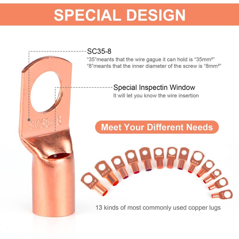 260PCS Copper Wire Lugs,Terminal Connectors,Used on AWG12 10 8 6 4 2 Cable,Heat Shrink Set,Bare Copper Eyelets,Ring Terminals Connectors,120Pcs Battery Cable Lugs Ends and 140Pcs Heat Shrink Tubing