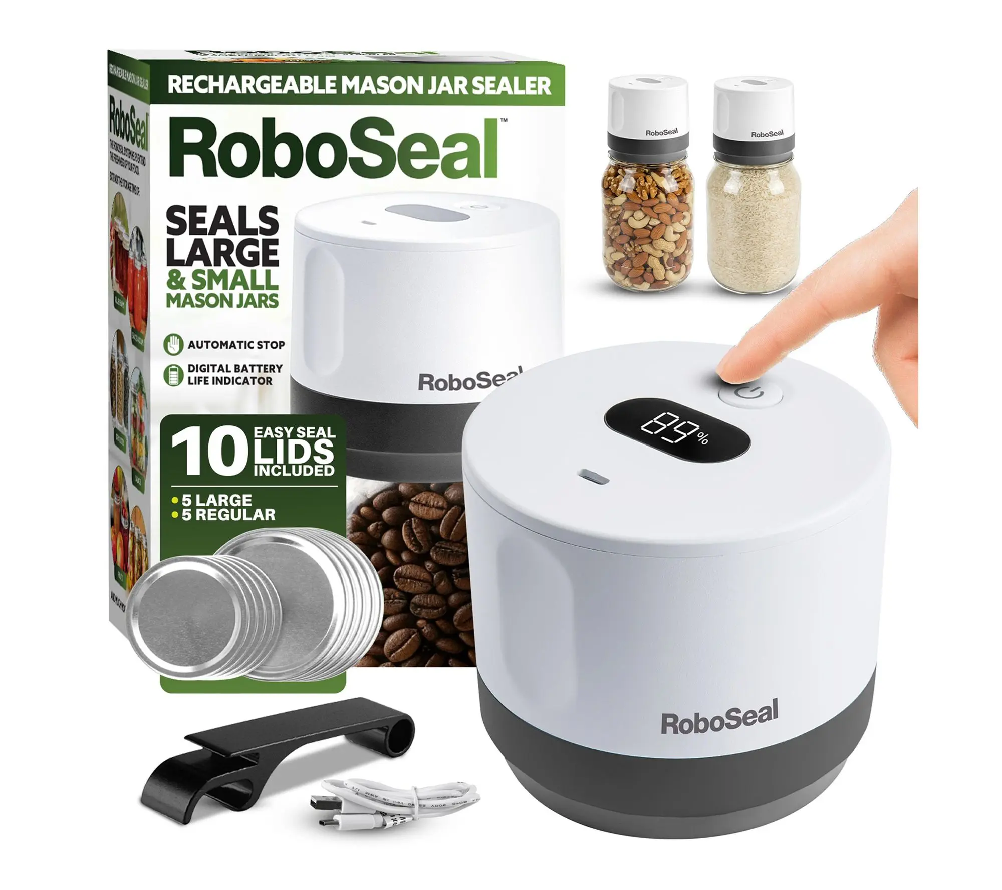 RoboSeal Rechargeable Mason Jar Vacuum Sealer Kit with 10 Lids RoboSeal Rechargeable Mason Jar Vacuum Sealer Kit with 10 Lids