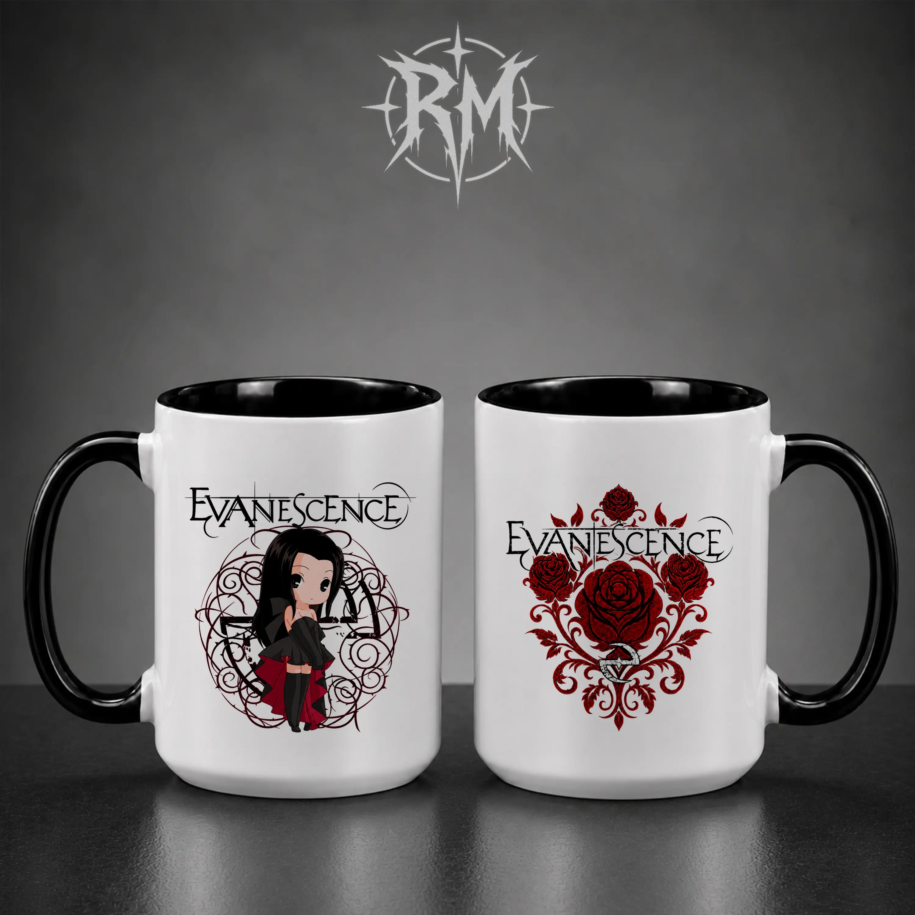 Evanescence Ceramic Coffee Mug - 11oz/15oz Gothic Alt Rock Band Merch with Red Roses, 2000s Nostalgia Fan Gift, 2-Tone Black Handle Drinkware for Music Lovers, Unique Birthday Present Tea Cup