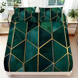 2/3 Pcs 2D Flat Geometric Pattern Fitted Sheet Set, Emerald Green with Gold Lining Bedding Set Quilt Cover 1 Fitted Sheet+ 1/2 Pillowcases, Elegant Top Sheet Decorative Bedding Bedroom Decor