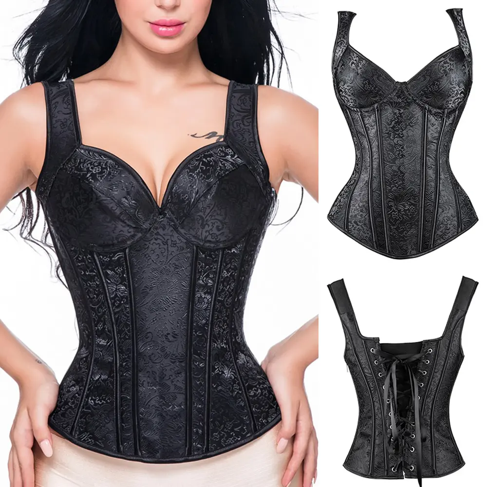 Women's Black Lace-Up Gothic Jacquard Shoulder Strap Overbust Corset Bustier Top, Elegant Spandex Corset Shapewear, No Padding Christmas Plus Size 1-6XL Body Shaping Underwear