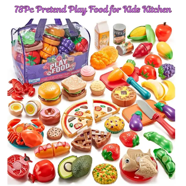 78-Piece BPA-Free Pretend Play Food Cutting Toy Set - Unisex Cooking Toys with Storage Bag, Easter & Valentine’s Day Gifts for 3+ Years Child Development